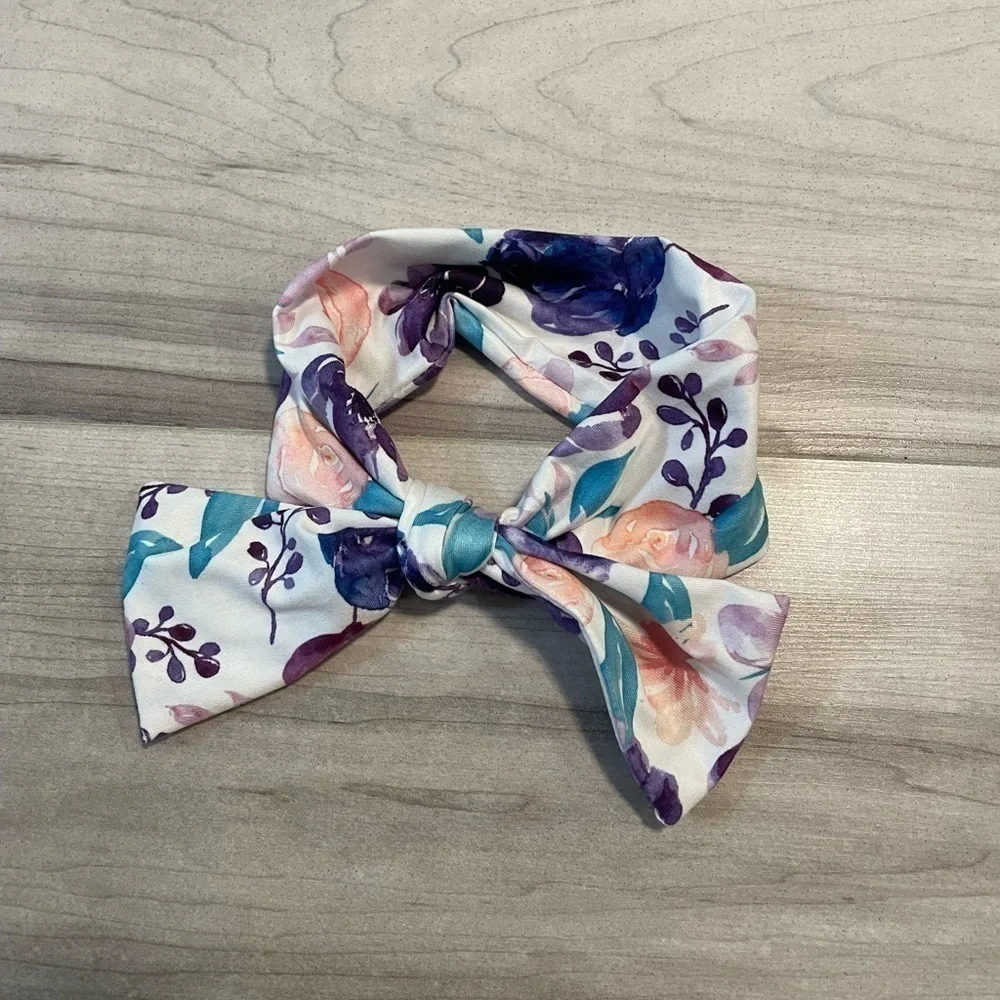 White With Blue and Purple Floral Print Baby Headband With Bow